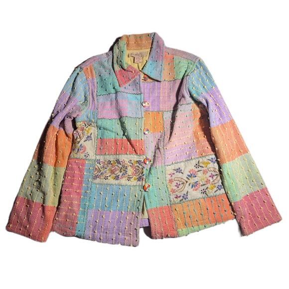 Vtg Y2K Anu Pastel Rainow Floral Embroidered Patchwork Button Up Jacket Sz S - Picture 1 of 4